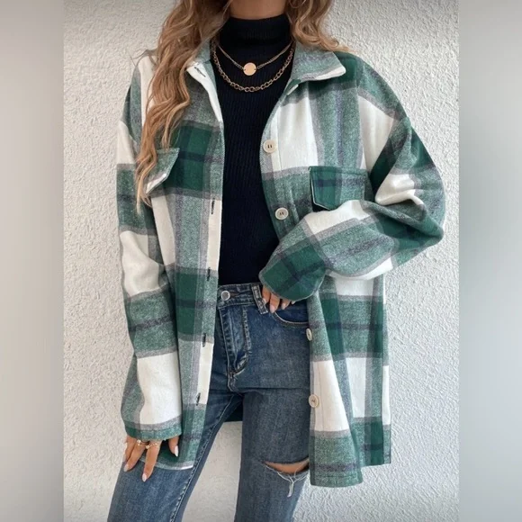 SHEIN LUNE Plaid Print Drop Shoulder Flap Detail Coat - Picture 2 of 5